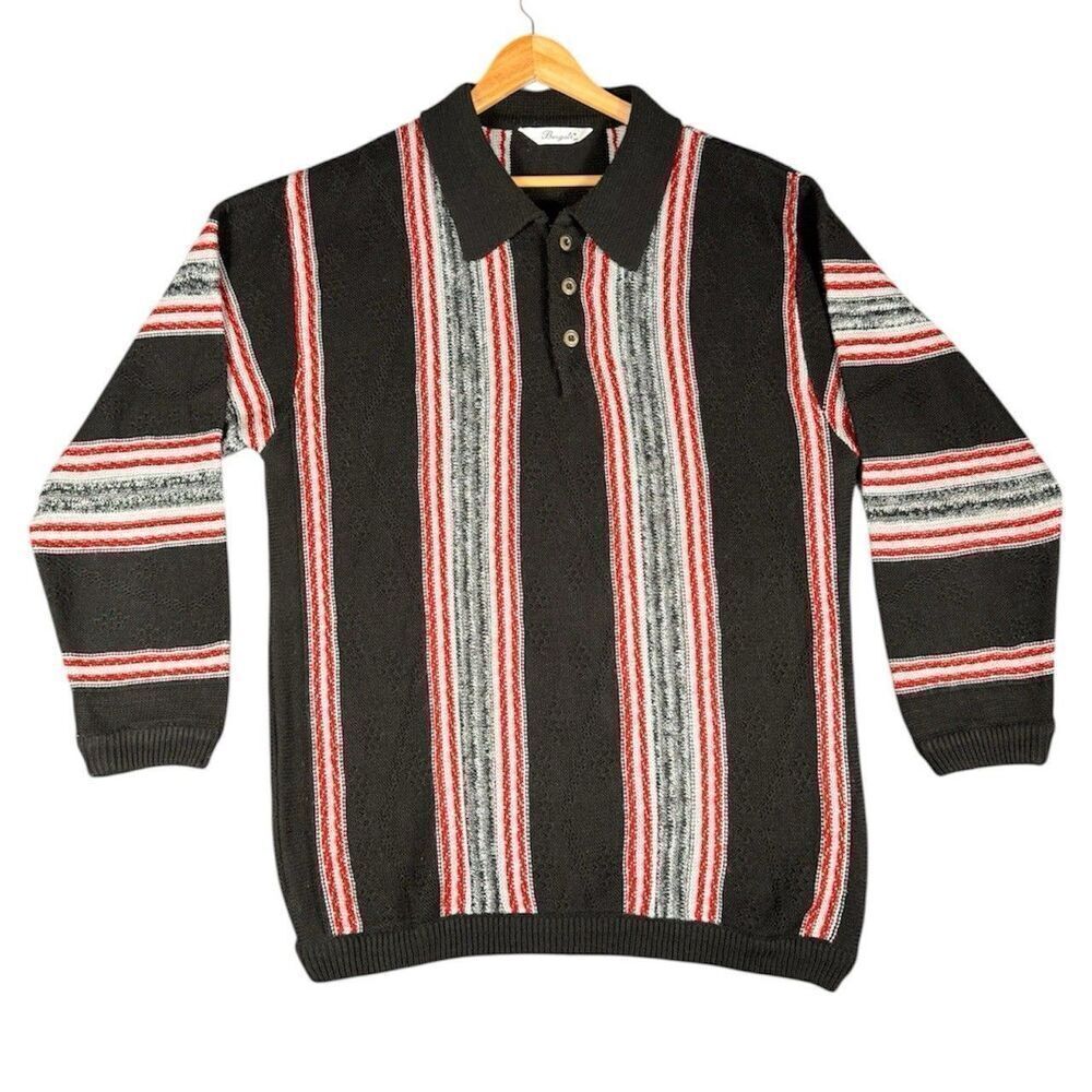 Vintage BERGATI Sz XXL Loud Coogi Style 3D Knit Polo Sweater Bill Cosby Retro 90